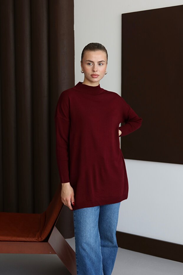 22177 Women's Comfortable Fit Slim Knitwear Basic Sweater Burgundy