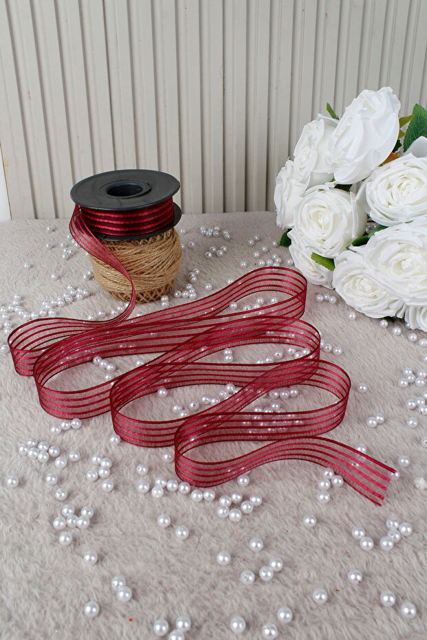 Bordo Hilton Striped Chiffon Ribbon 2.5 cm 20 Mt-Bohça, Wedding, Engagement, Dowry, Gift, Decoration, Party