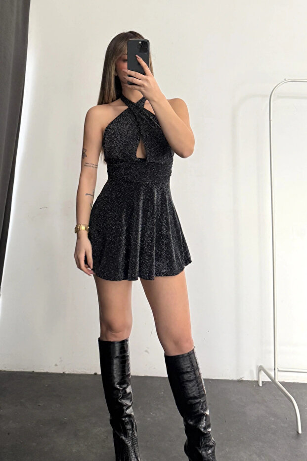 Sırt Dekolteli Simli Mini Elbise - 2