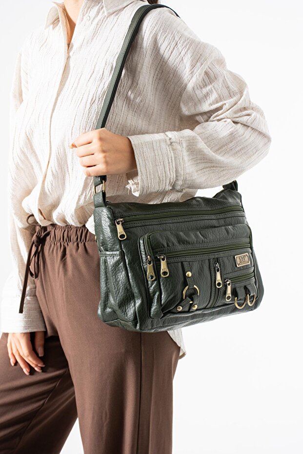 Washed Leather Crossbody Shoulder Bag Polyurethane Leather Khaki Model:(571-14-16B)
