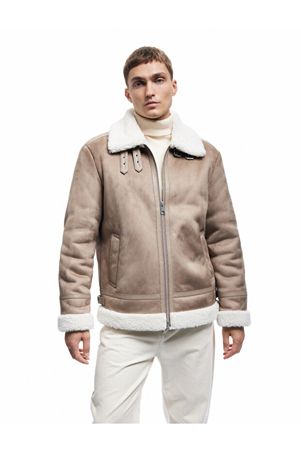 Zippered Plush Collar Winter Faux Suede Jacket with Pocket Detail