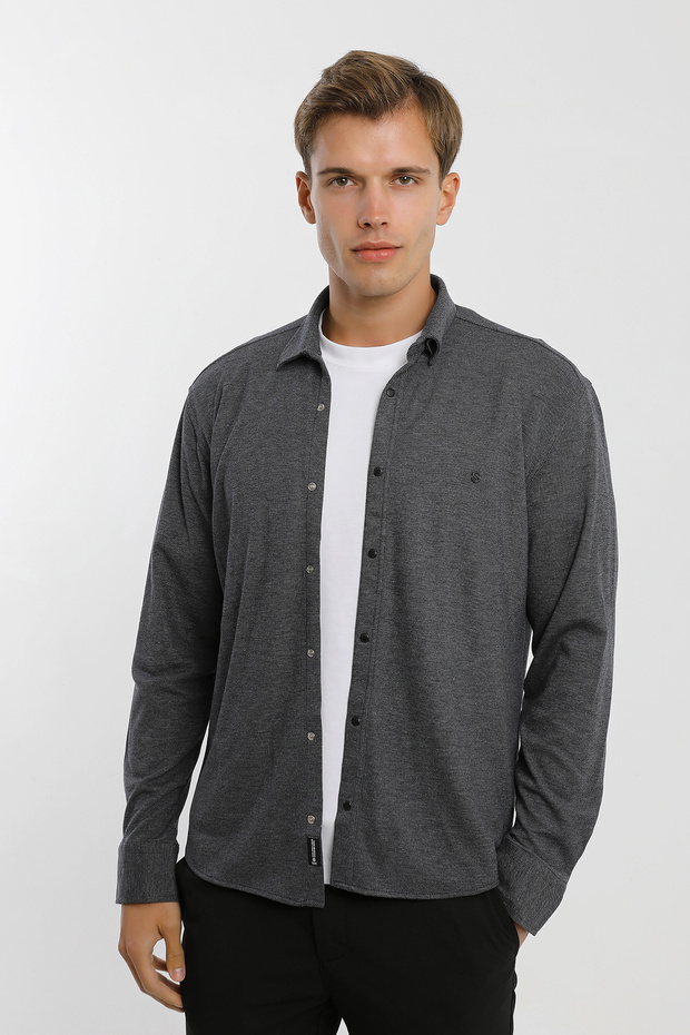 Collar Buttoned Long Sleeve Snap Fastener Cotton Lycra Men's Shirt