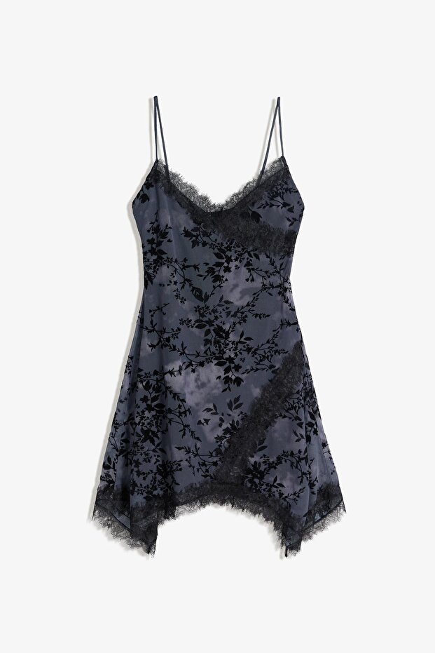 Dantelli tül askılı mini elbise - 2