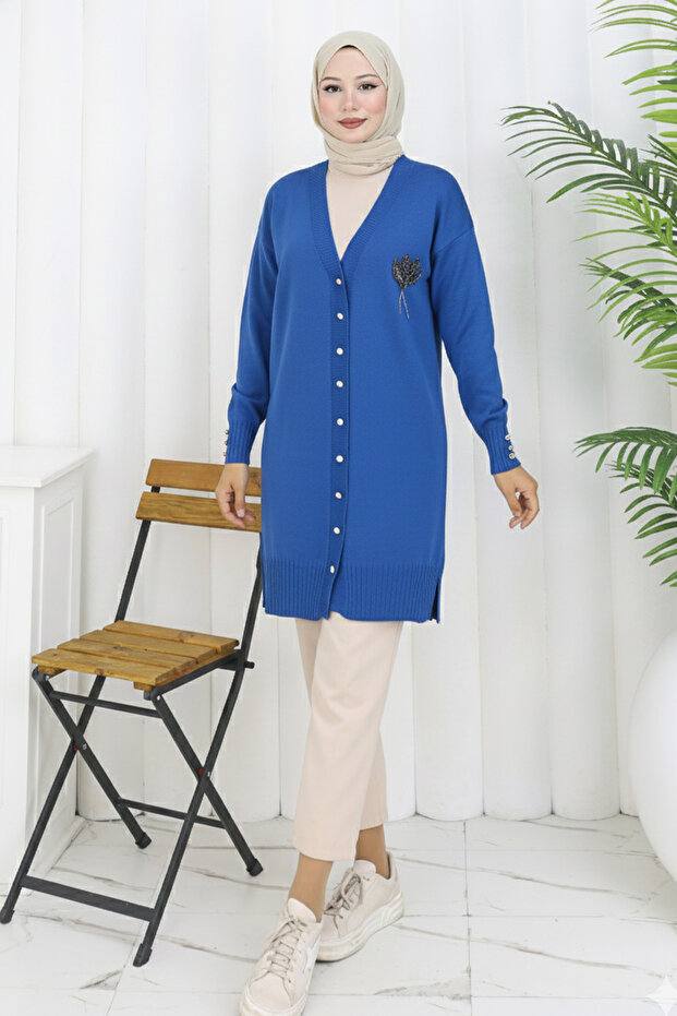 Long Mercerized Cardigan with Collar Detail N3260 Cobalt Blue