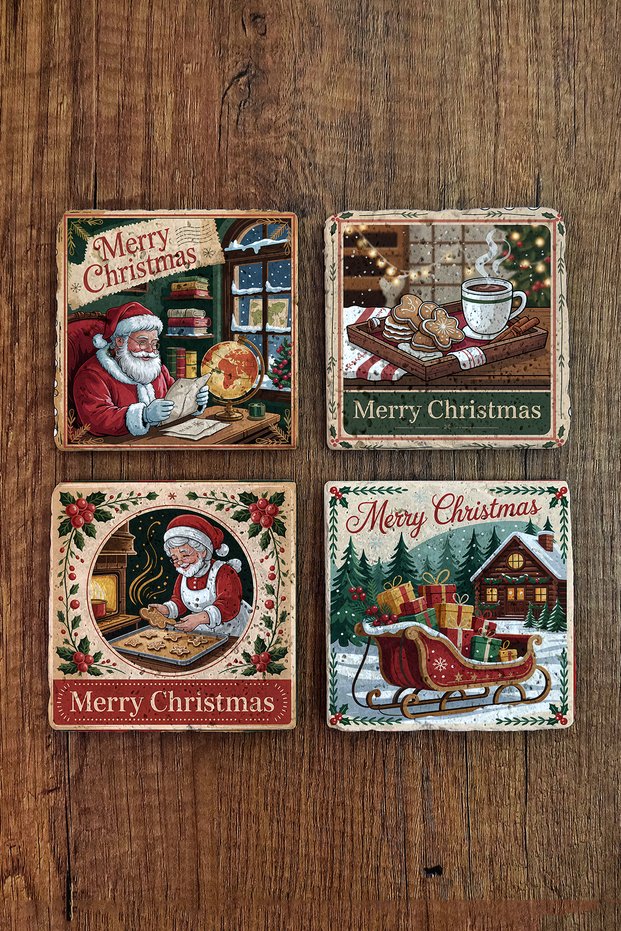 Natural Stone Coasters - Vintage Christmas Printed 10X10Cm New Year Stone Coasters 512