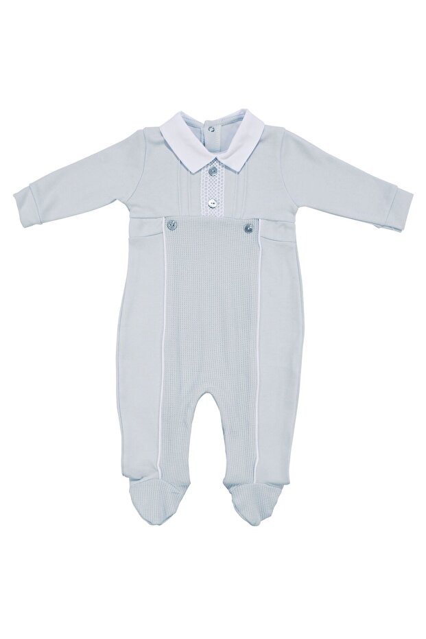 بذلة للأطفال الرضع ذات ياقة زرقاء وأزرار مع جوارب - 2