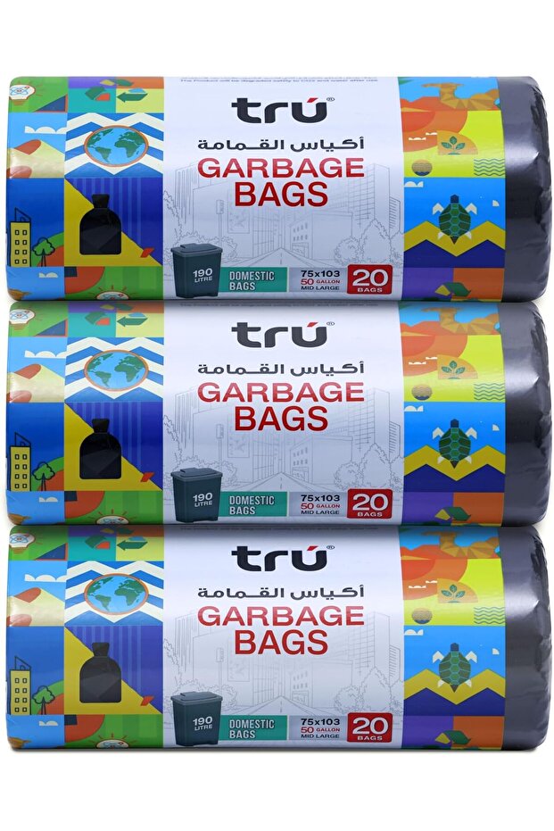 ® Garbage Bags Compact Roll Black 75 x 103 cm 50 Gallon (20 pc x 3 Rolls) 60 bags