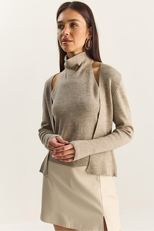 Women's Mink Halter Collar Inside Blouse Detailed Cardigan Th251006 60283834