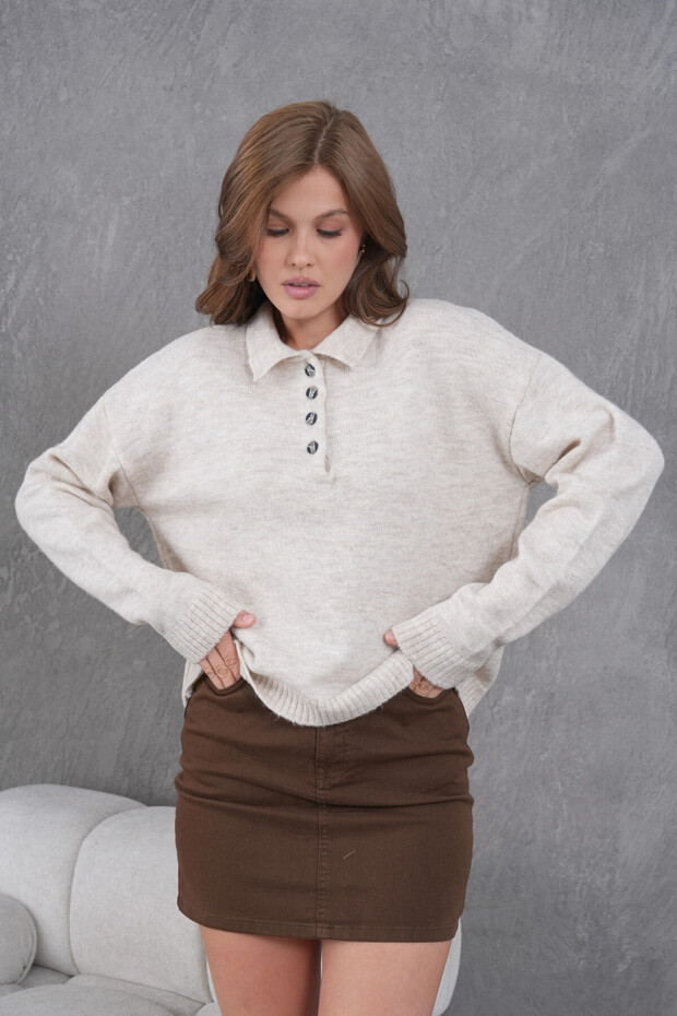 Women's Polo Neck Half Placket Button Casual Knit Sweater