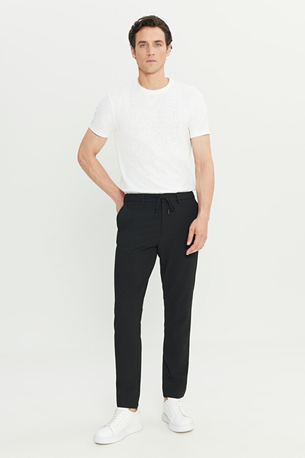 Men's Black Slim Fit Slim Fit Seersucker Patterned Tie-Waist Travel Casual Trousers with Side Pockets