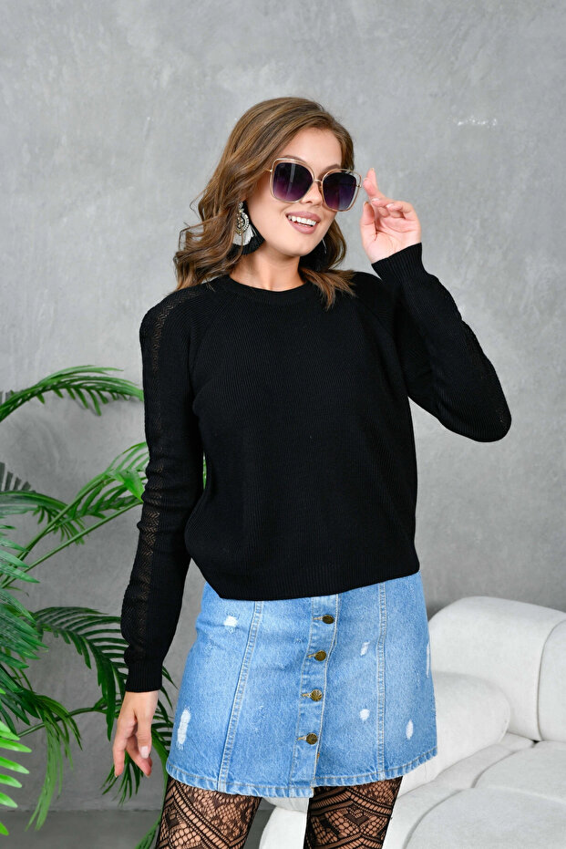 Women's Crew Neck Sleeves Lace-Like Knit Basic Knitwear Sweater