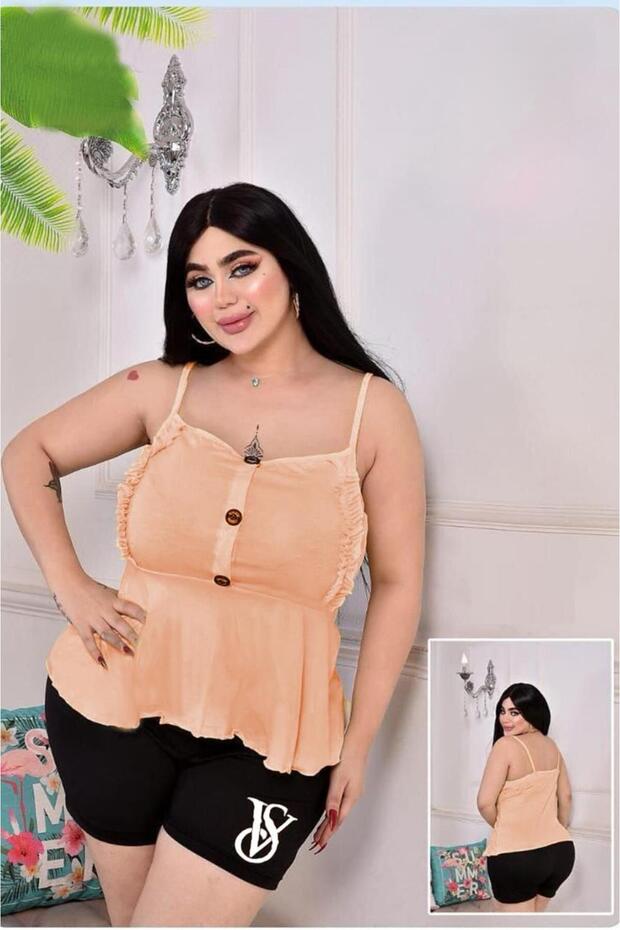 بلوزة كامي بحافة مكشكشة وأزرار أمامية | بلوزة صيفية ببلوم للنساء الممتلئات
