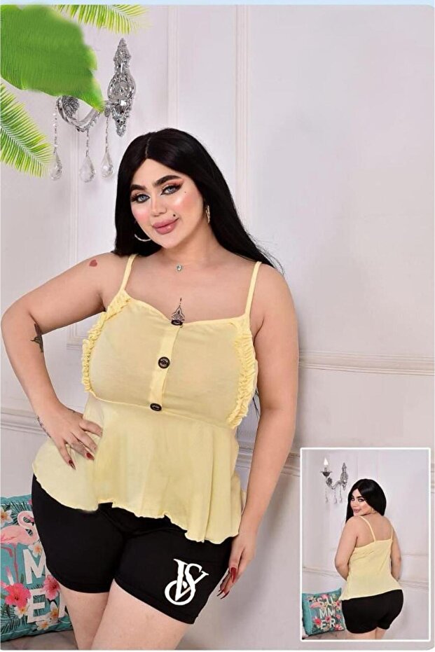 بلوزة كامي بحافة مكشكشة وأزرار أمامية | بلوزة صيفية ببلوم للنساء الممتلئات