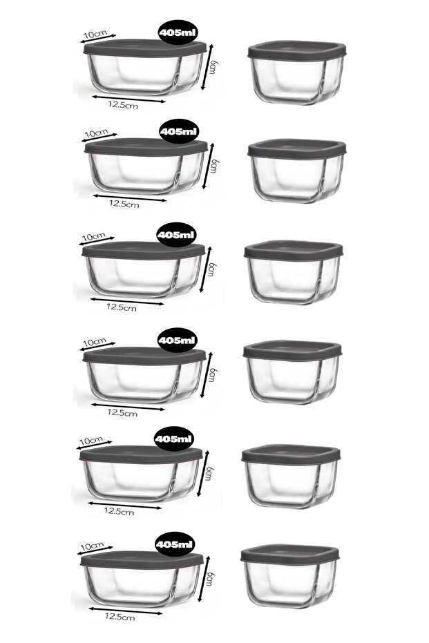 Feyzade Cube Breakfast Storage Container Set 6 Pieces 405Cc-6 Pieces 270Cc with Gray Lid