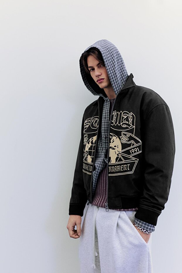 İşlemeli suni deri bomber ceket - 1