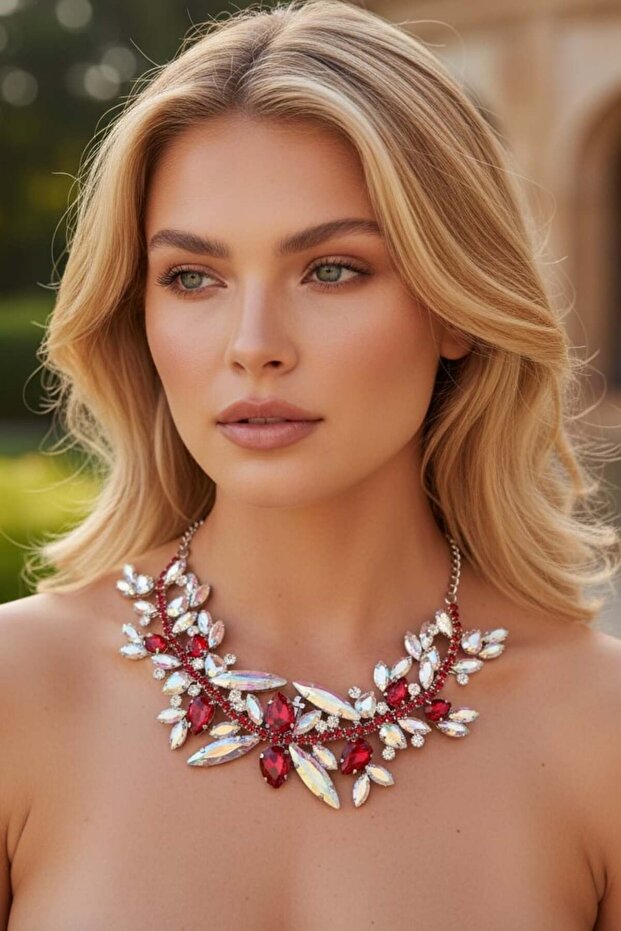 Silver Color Red Stone Detailed Design Evening Dress Necklace