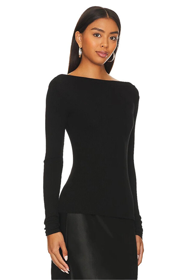 Women's Black Wide Boat Neck Long Sleeve Bodycon Stretchy Sandy Fabric Basic Bodysuit