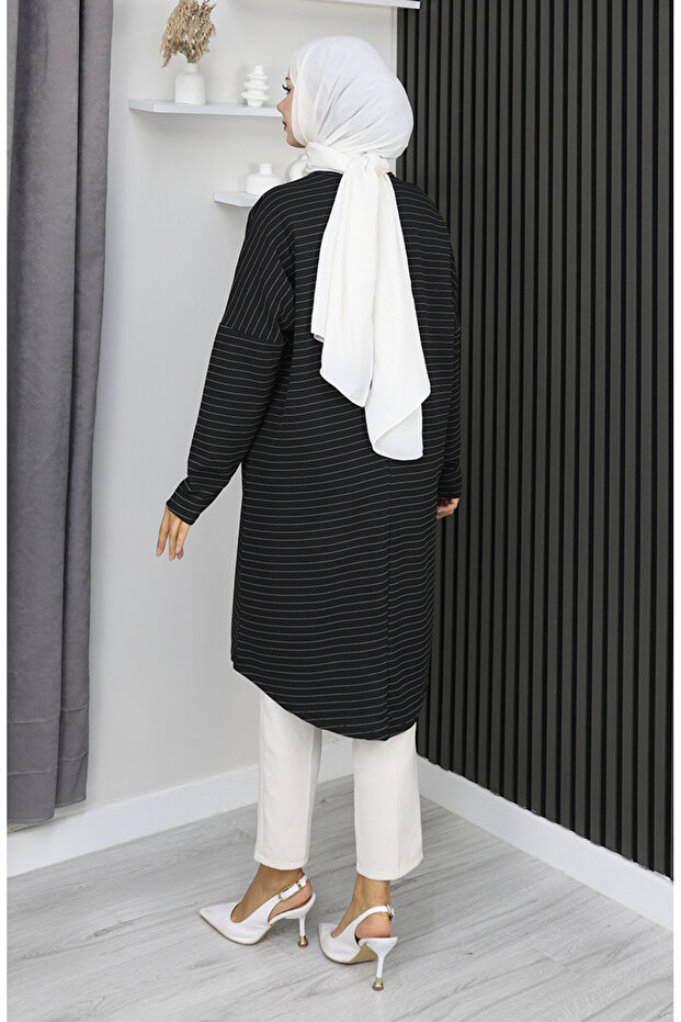 موسمي تونيك أساسي مخطط ذو قصة مريحة 8764-01 أسود - 5