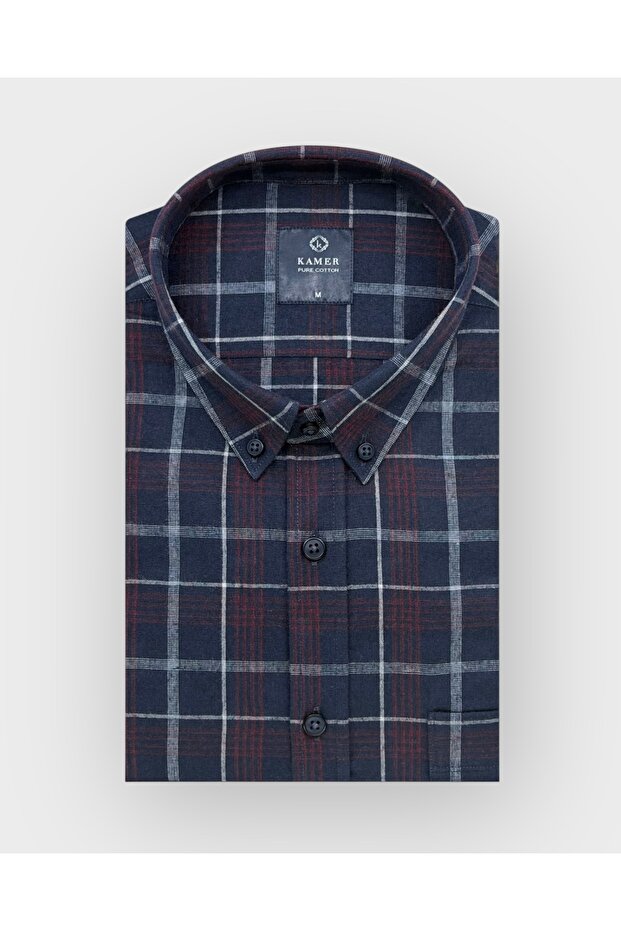 Regular Fit Winter Full Cotton Long Sleeve Buttoned Collar Plaid Navy Blue Shirt 3867L