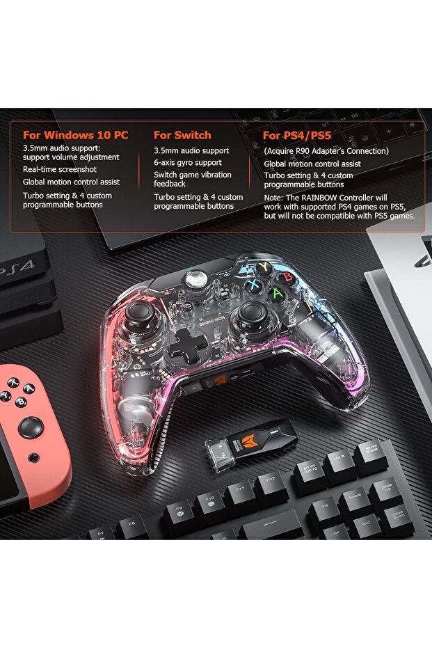 RGB Wired PC Gaming Controller Gamepad Macro Turbo Dual Shock Vibration for Switch Windows - 4