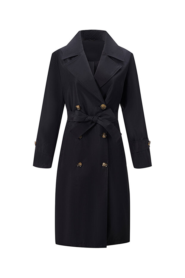 معطف ترنش طويل سادة مزود بحزام وأزرار - 1