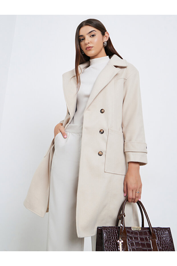 Beige Double Breasted Wool Like Coat with Pocket Detail