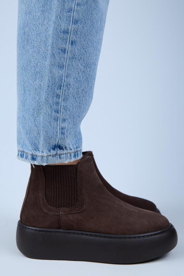 Ove Women's Leather Elastic Brown Boots with Fur Inside