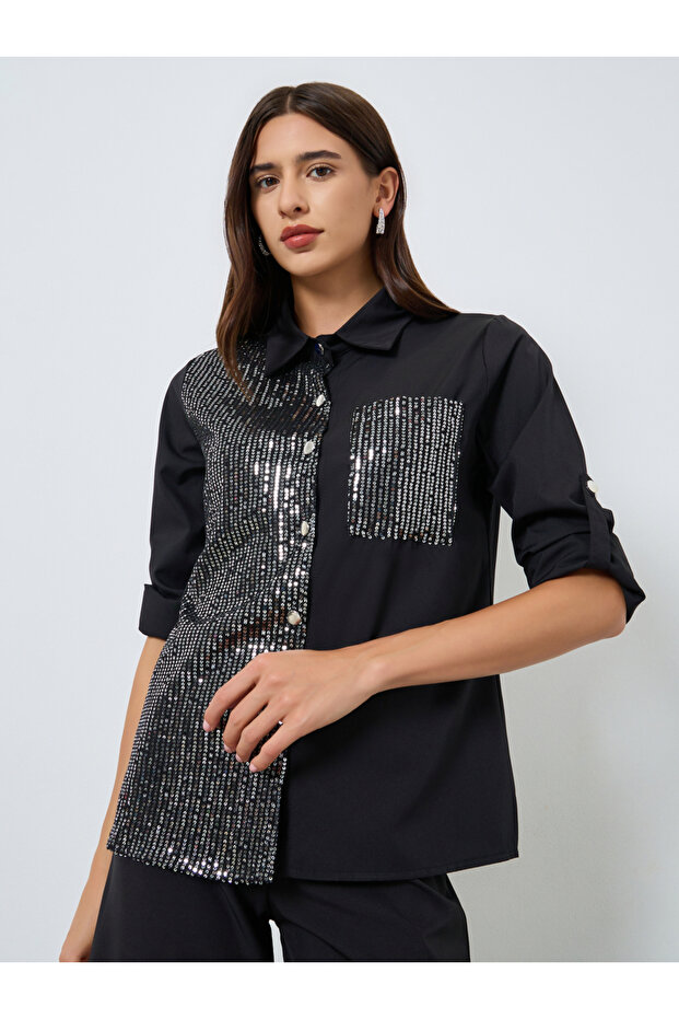 Black Sequin Panel Shirt with Pocket
