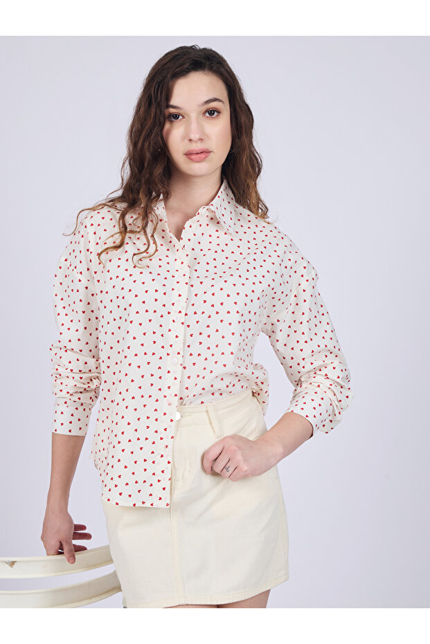 White Ditsy Heart Print Cotton Shirt