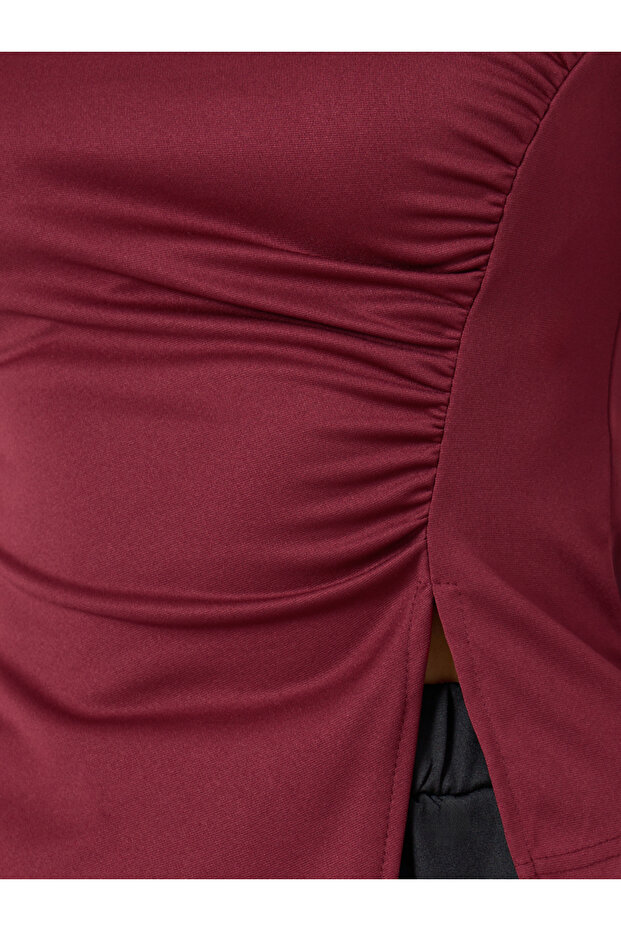 Solid Irregular Neck Slit Hem Long Sleeve Top - 3