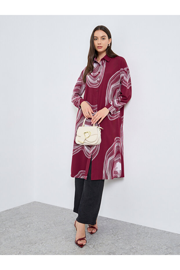 Burgundy Marble Print Longline Shirt and Pants Co-Ords