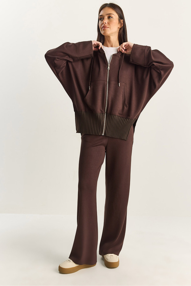 Brown Ribbed Oversize Hooded Zippered Sweat Wide-Leg Pants Set 4038 60283855