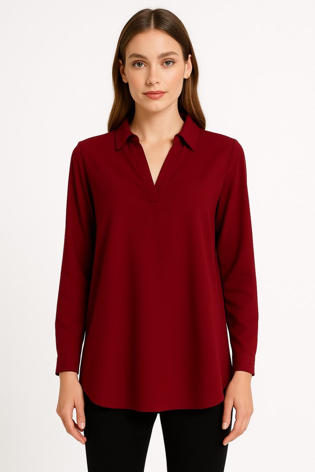 Burgundy Viscose V-Neck Relaxed Fit Long Sleeve Women's Shirt Blouse -