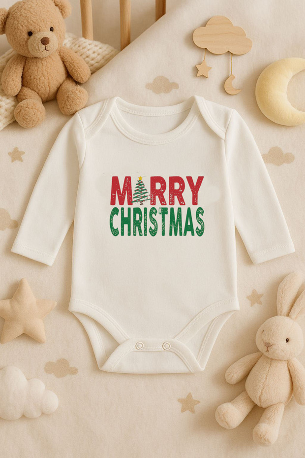 2026 New Year Christmas Printed Cotton Long Sleeve Snap Fastener Baby Ecru Bodysuit Undershirt Jumpsuit