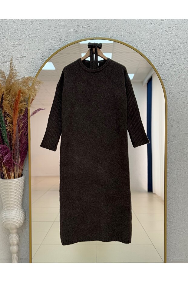 Fionelle Handle Corded Fabric Belted Knitwear Dress-Kr5057 Brown