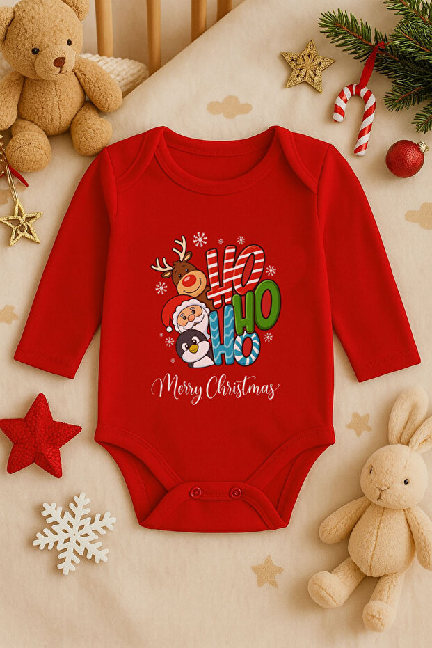 New Year Christmas Printed Cotton Long Sleeve Snap Fastener Baby Red Bodysuit Undershirt Jumpsuit