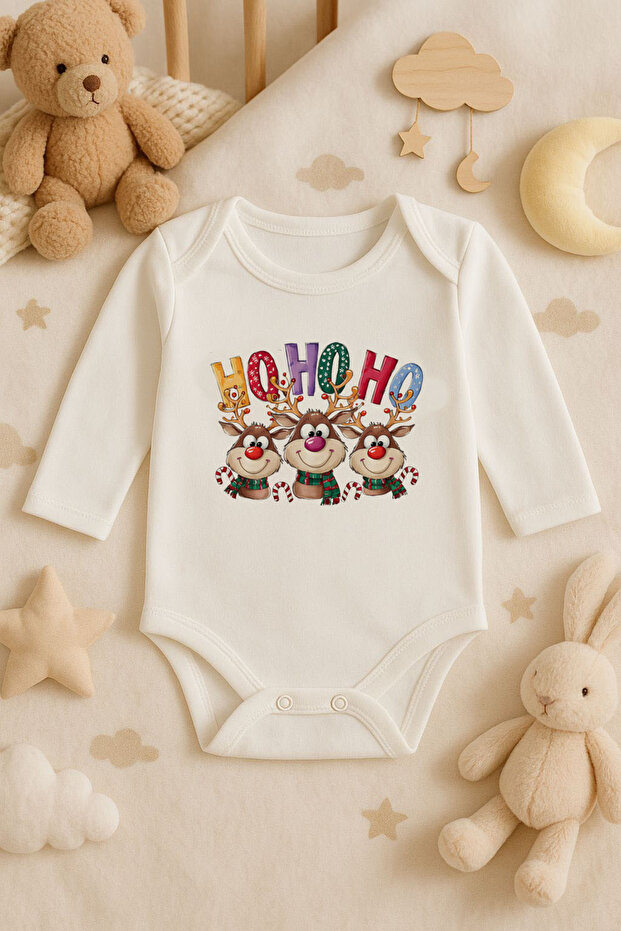 2026 New Year Christmas Printed Cotton Long Sleeve Snap Fastener Baby Ecru Bodysuit Undershirt Jumpsuit