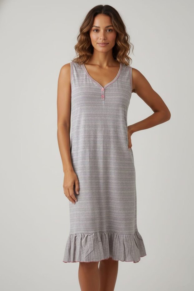 Women's Gray Tiny Pink Polka Dot Skirt Ruffled Cotton V-Neck Zero Sleeve Midi Length Dress