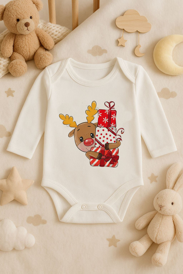 2026 New Year Christmas Printed Cotton Long Sleeve Snap Fastener Baby Ecru Bodysuit Undershirt Jumpsuit