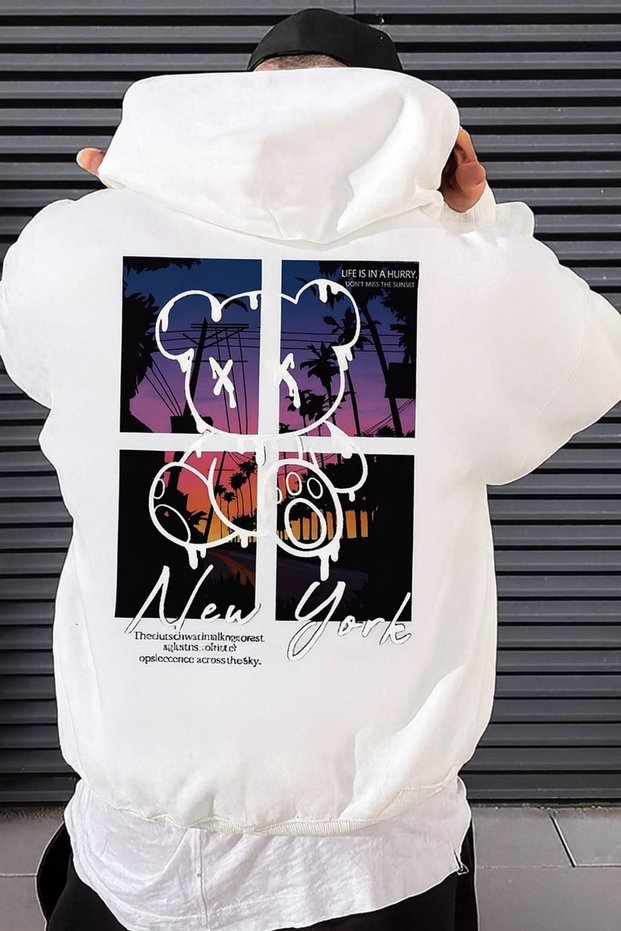Men's Oversized Hooded Sweatshirt – Colorful Bear Silhouette and New York Sunset Printed