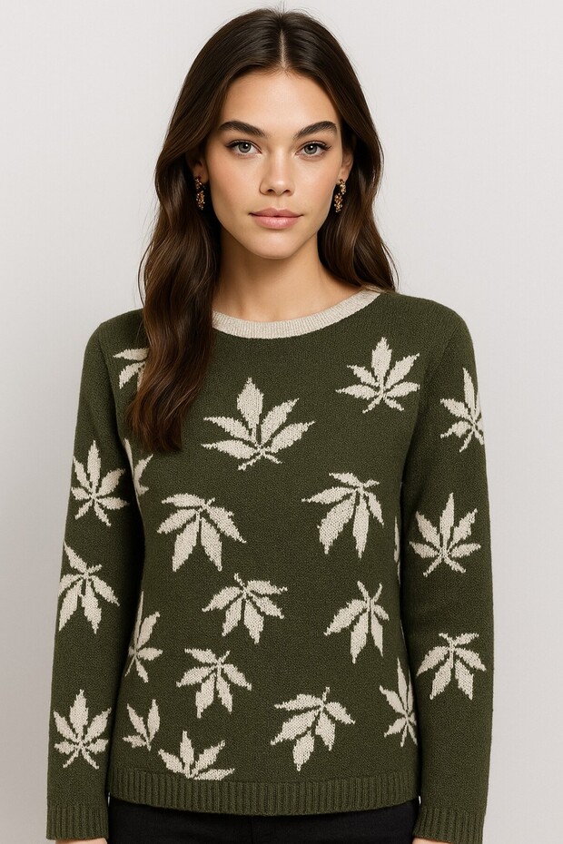 Leaf Patterned Crew Neck Knitwear-25K43782-Khaki-25