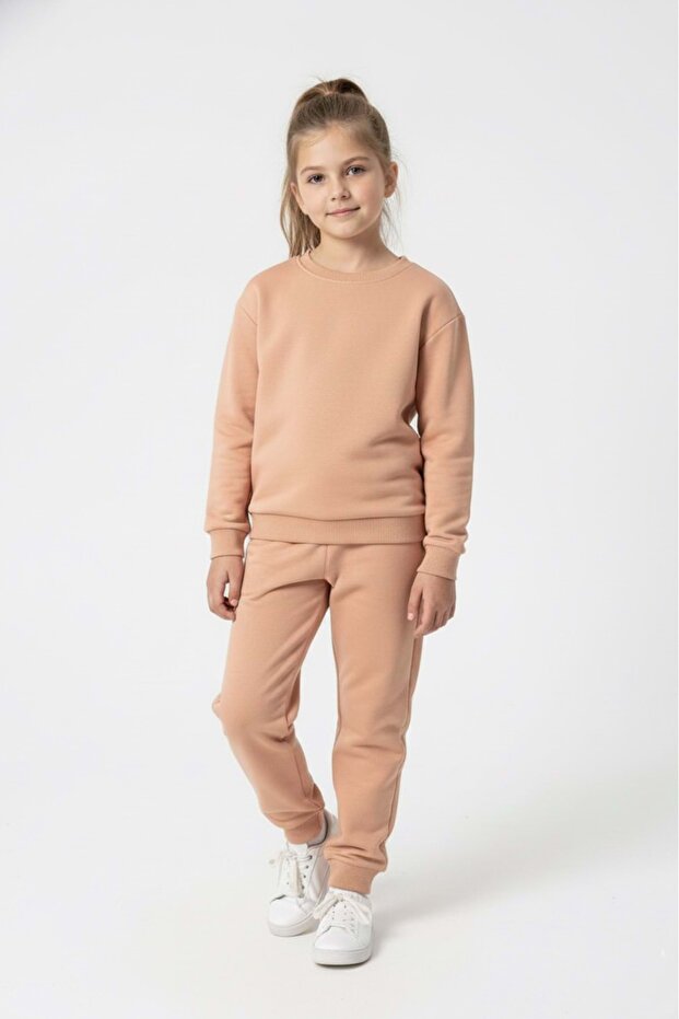 Basic Pocketed Girls-Boys Transitional Kids Tracksuit Set M00776 Pudra