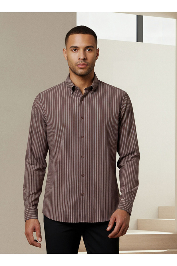 Men Regular Fit Button-Down Pinstripe Long Sleeve Shirt