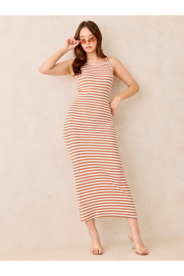 Brown Ribbed Stripe Maxi Dress