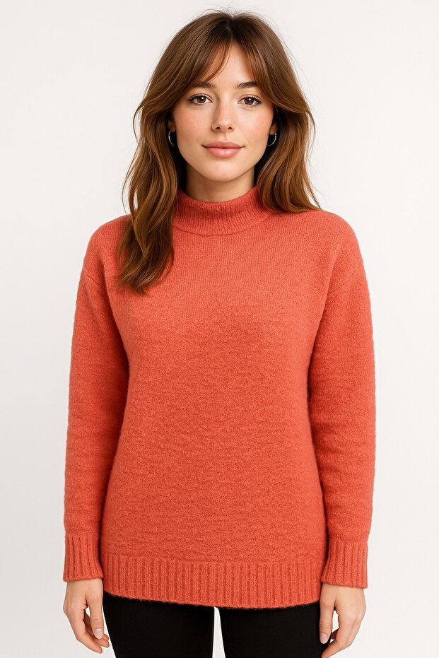 Soft Textured High-Necked Knitwear-25K43793-Coral-19