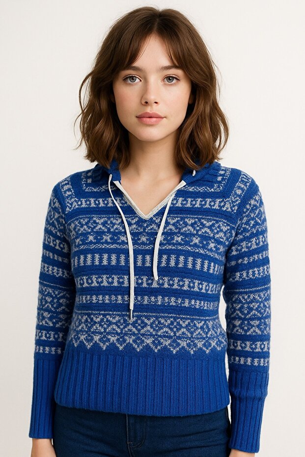 Patterned Hooded Knitwear-25K43811- Cobalt -11