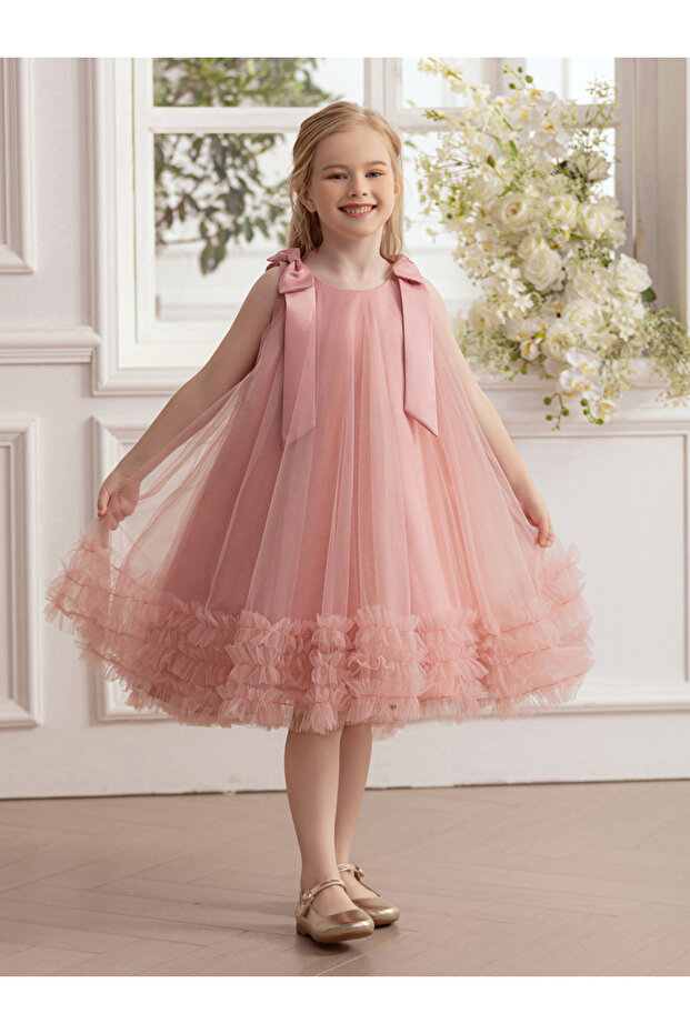 Girls Bow Tie Ruffle Hem Mesh Party Dress