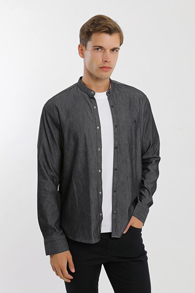 Hakim Collar Long Sleeve Snap Button Cotton Lycra Men's Shirt