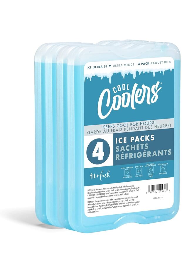 أكياس ثلج Fit & Fresh Cool Coolers XL Slim - قابلة لإعادة الاستخدام - عبوة من 4 قطع (أزرق)