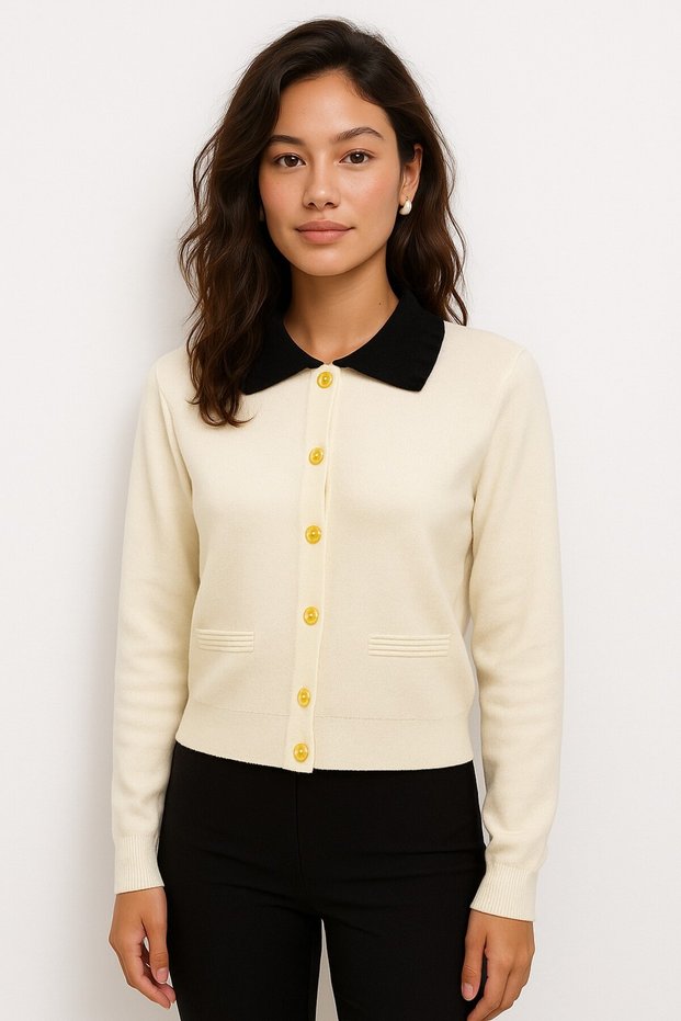Contrast Collar Detailed Slim Knitwear Cardigan-25K43702-Ekru-16